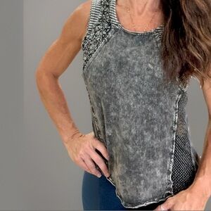 Gimmicks By BKE Top Size XS Open Back Gray Sleeveless Stripe Mesh Grunge edgy